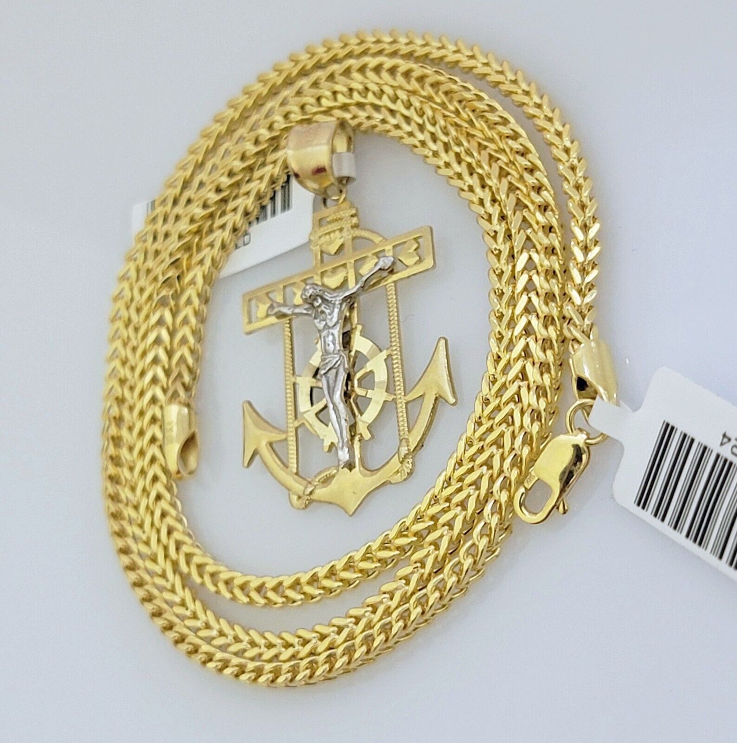 Real 10k Gold Franco Chain Anchor Cross Charm pendant Set 2.5mm Necklace 22 Inch