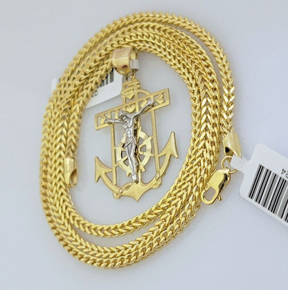 Real 10k Gold Franco Chain Anchor Cross Charm pendant Set 2.5mm Necklace 22 Inch