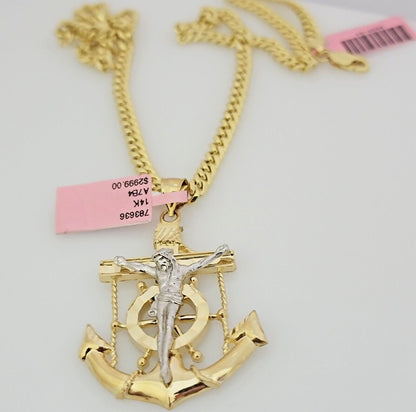 Real 14k Gold Pendant Chain SET Miami Cuban Link 5mm 26" Necklace Anchor Charm