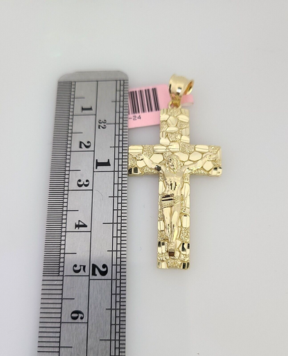 14k Gold Solid Chain Nugget Cross Pendant Set 14kt Miami Cuban Link 3mm Charm