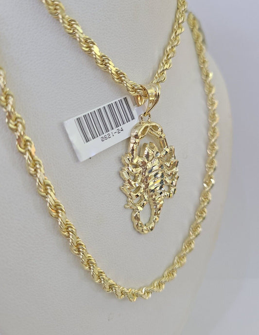 10k Solid Rope Chain Scorpion Charm Set 4mm 20"-28" Necklace Gold Yellow