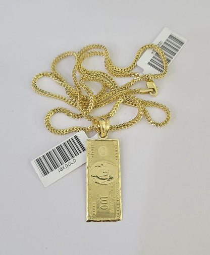 Detailed 10K gold money pendant charm necklace with Franco chain links