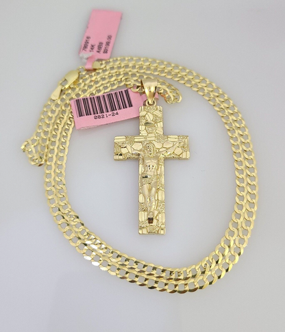 Real 14k Gold Chain Jesus Cross Pendant Set 14kt Cuban Curb Chain 4mm Charm