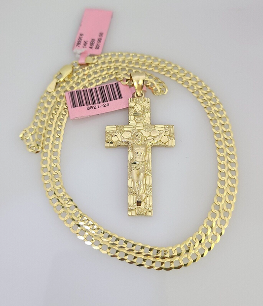 Real 14k Gold Chain Jesus Cross Pendant Set 14kt Cuban Curb Chain 4mm Charm