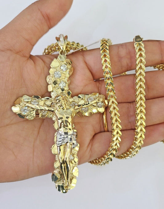 10K Yellow Gold Franco Chain & Jesus Cross Pendant SET /  Necklace 5mm 20"-26"