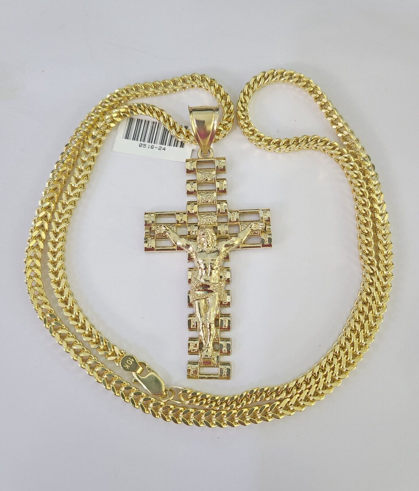 10K yellow gold Jesus crucifix cross pendant and Franco chain necklace by Reva Jeweler