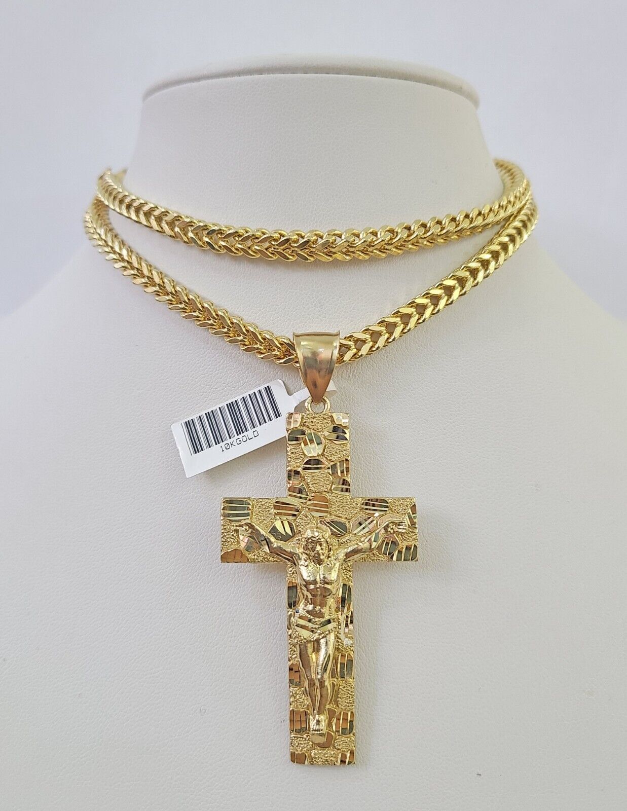 Luxury 10K gold Franco chain necklace with Jesus cross pendant by Reva Jeweler