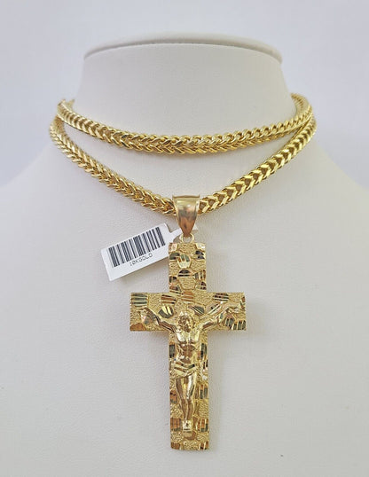 Luxury 10K gold Franco chain necklace with Jesus cross pendant by Reva Jeweler