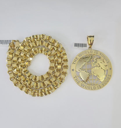 10k Gold Byzantine Necklace World is Yours Charm 20-30 inches 9mm REAL SET Chain