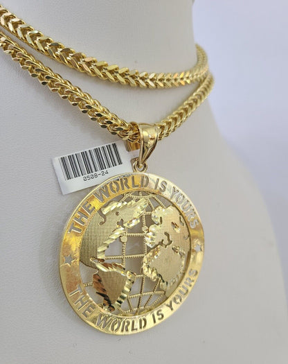 Front-facing view of Reva Jeweler 10K gold "The World Is Yours" pendant and chain