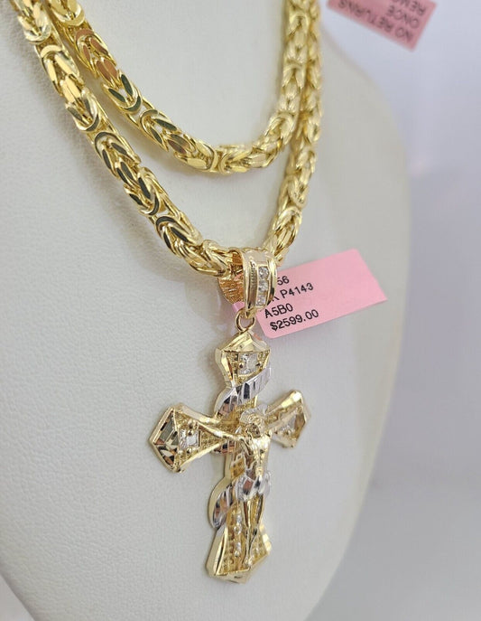 14K Gold Necklace Chain Jesus Spiral Cross Charm Turkish Byzantine 4mm 24"