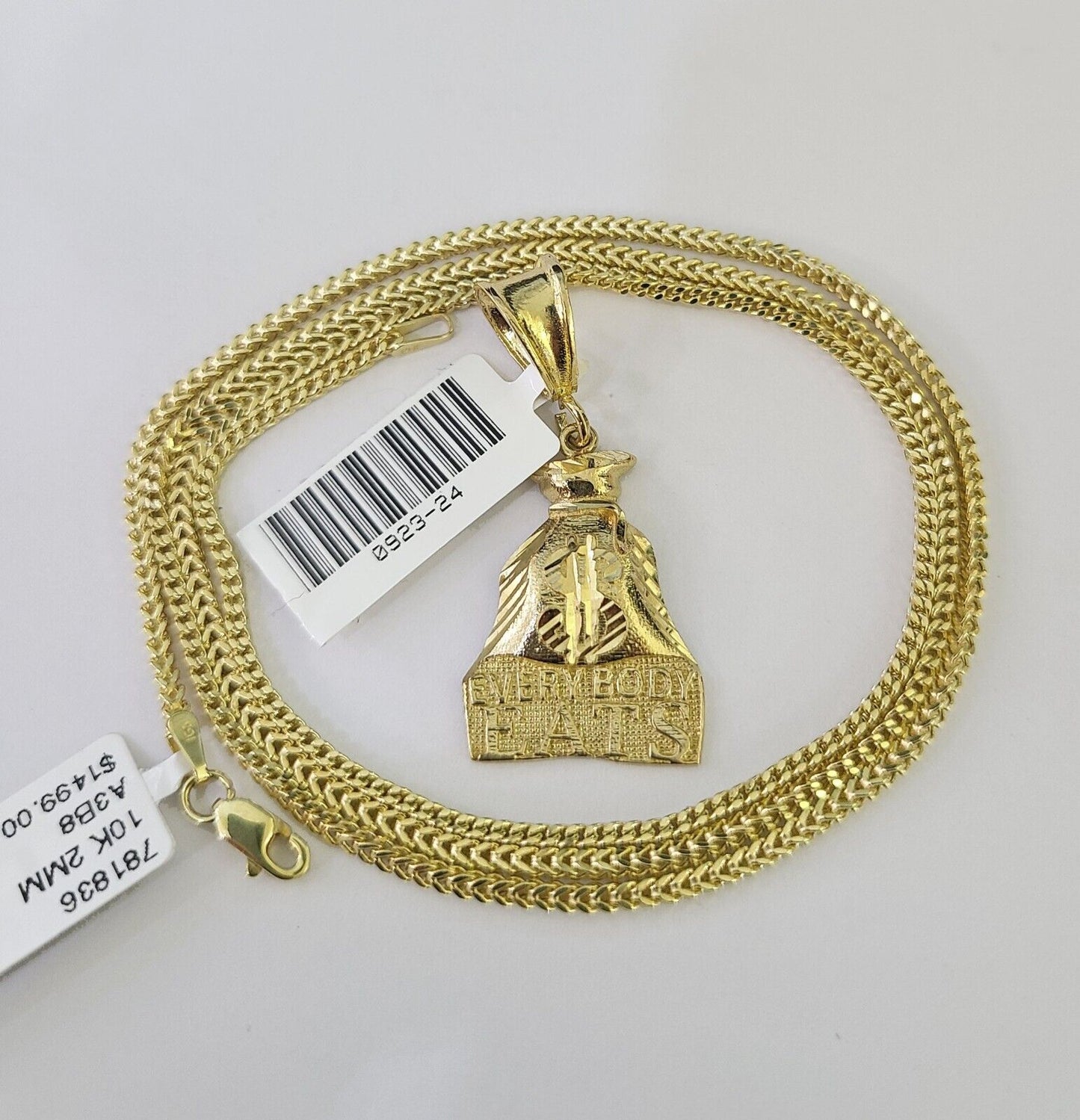 Luxury 10K gold Franco chain necklace with “Everybody Eats” pendant by Reva Jeweler