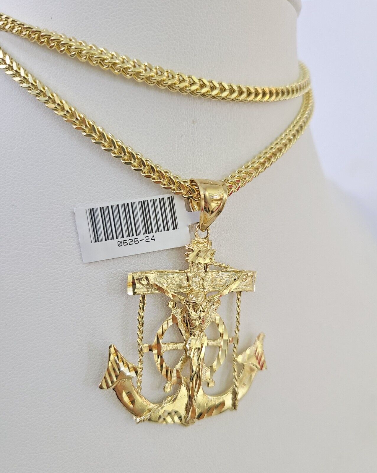 10K gold Franco chain necklace with Jesus anchor pendant charm by Reva Jeweler