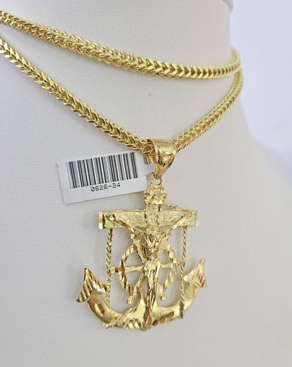 10K gold Franco chain necklace with Jesus anchor pendant charm by Reva Jeweler