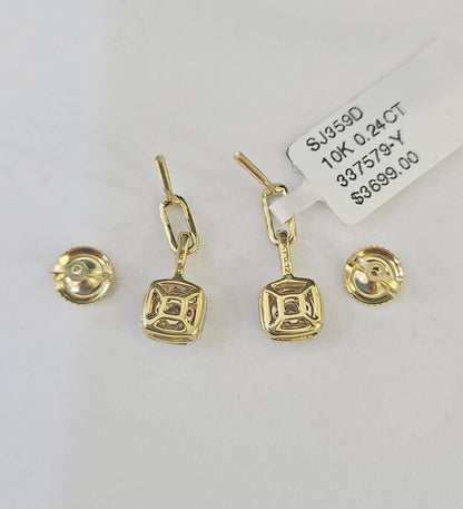 10k Diamond Cushion Earrings Ladies Drop Yellow gold Real Screw-Back studs / Women