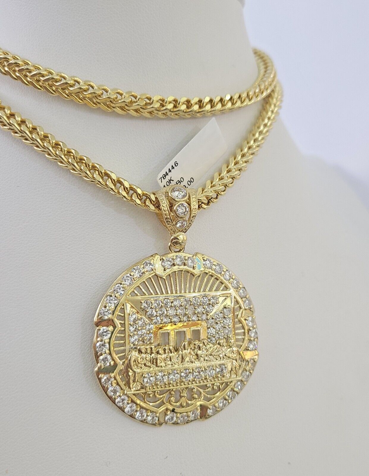 10K yellow gold Last Supper pendant and Franco chain necklace set by Reva Jeweler