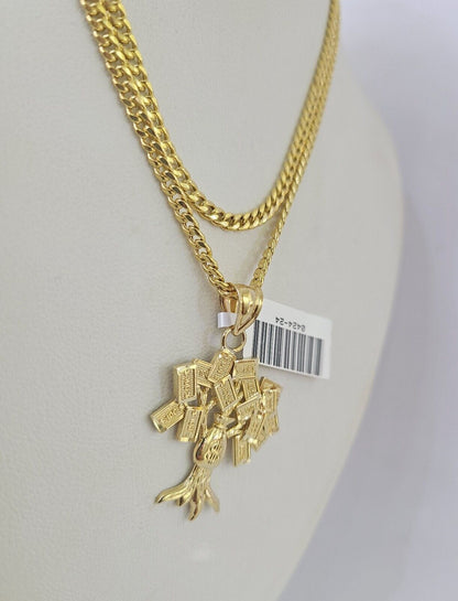 10K Gold Miami Cuban Chain Money Tree Charm 20"-30" 3mm REAL Pendant Necklace