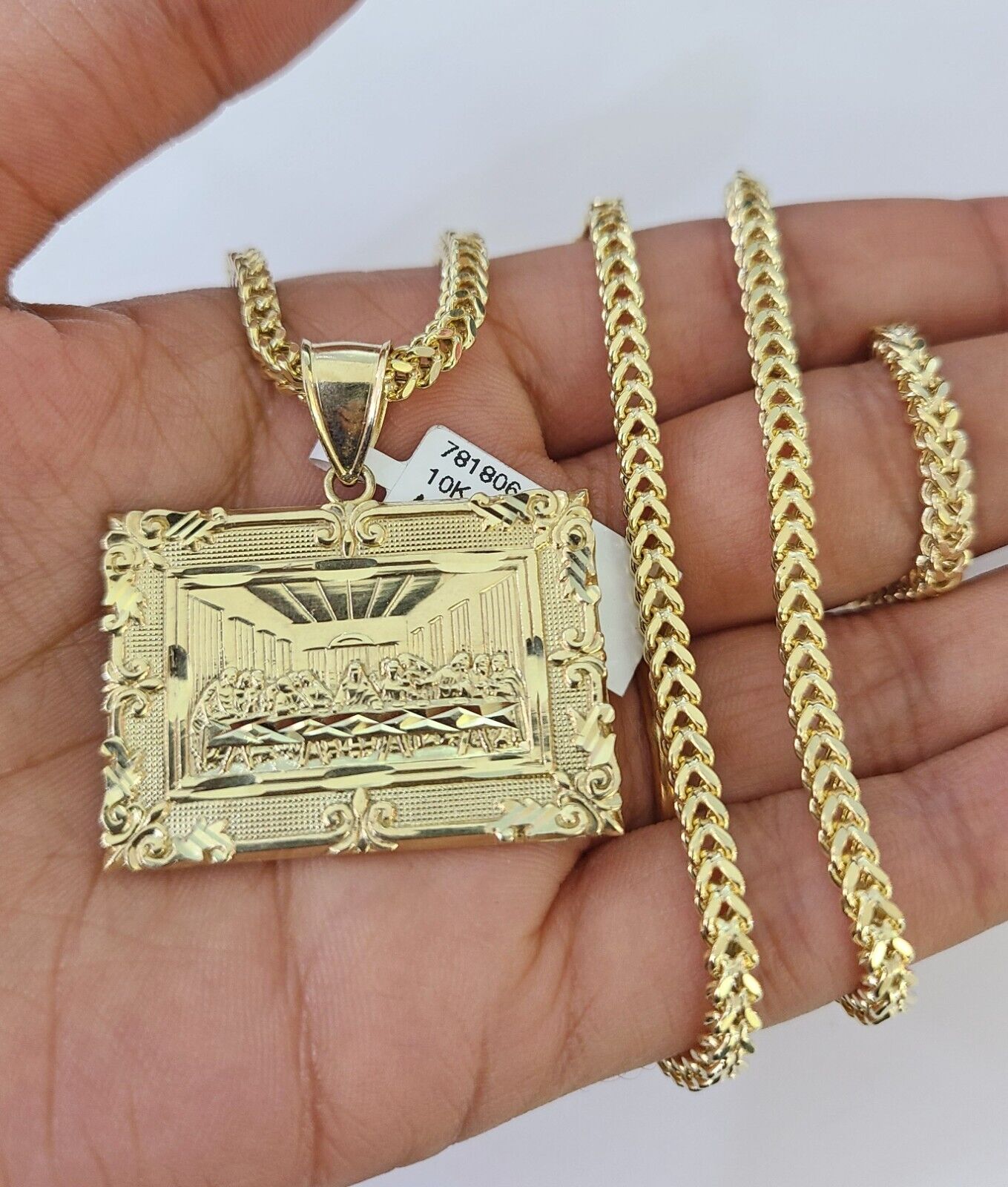10K yellow gold Last Supper pendant and Franco chain necklace set by Reva Jeweler