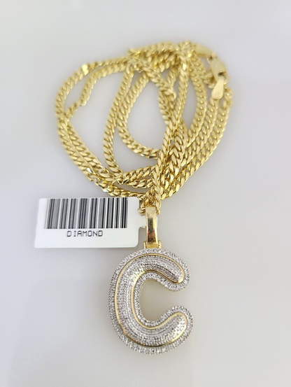 10K Solid Gold Miami Cuban Chain SET Diamond C Initial Charm 18"-26" 2.5mm