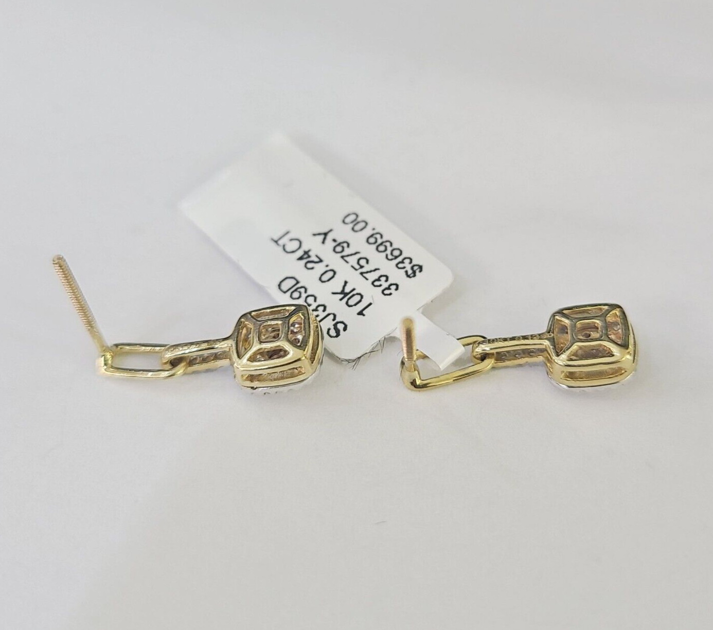 10k Diamond Cushion Earrings Ladies Drop Yellow gold Real Screw-Back studs / Women