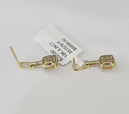 10k Diamond Cushion Earrings Ladies Drop Yellow gold Real Screw-Back studs / Women