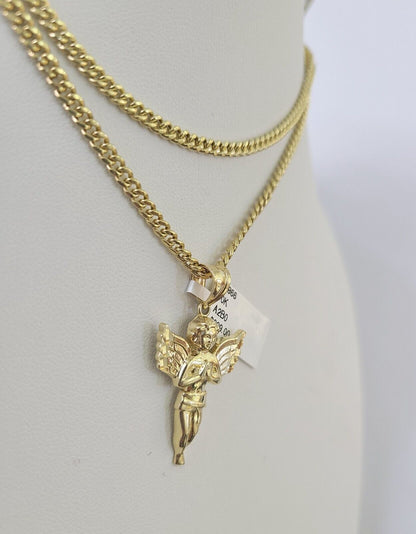 10K Gold Miami Cuban Chain Praying Angel Charm 18"-30" 3mm REAL Pendant