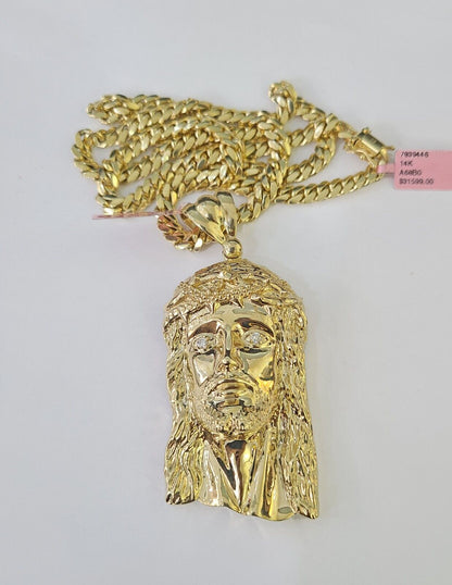 Real 14k Solid Gold Chain Jesus Head Pendant Charm SET Miami Cuban Link 6mm Necklace