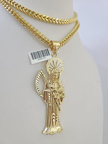 Front-facing view of Reva Jeweler 10K gold Saint Reaper pendant and chain