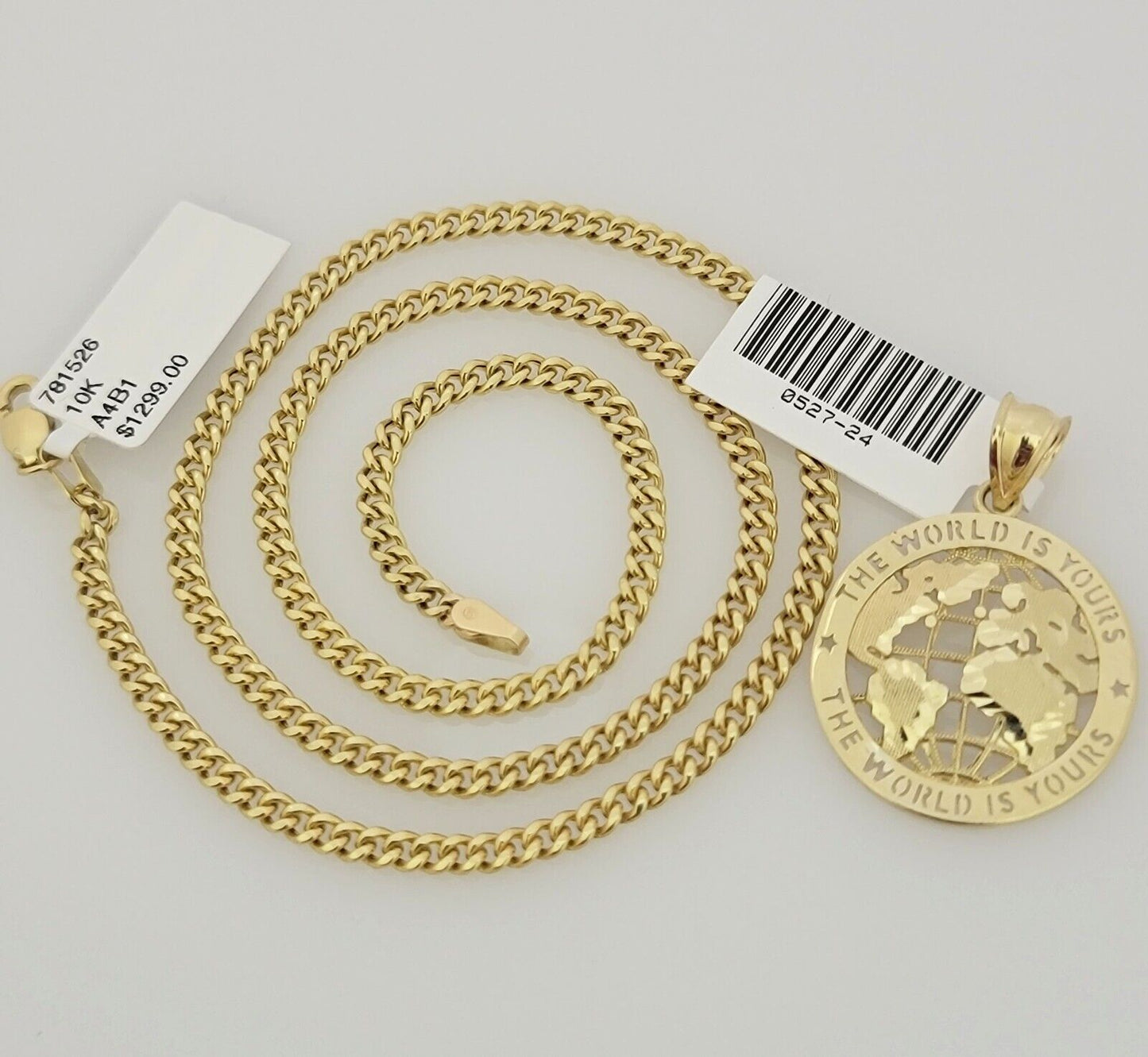 Real 10k Gold Chain Pendant SET World's Your Charm Miami Cuban Link Necklace 22"