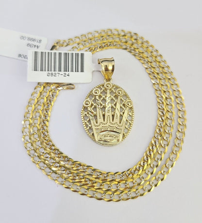 10k Solid Gold Cuban Curb Chain Crown Pendant 2.5mm 18"-26" SET Necklace