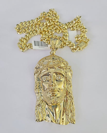10K Miami Cuban Link Chain Jesus Head Pendent Charm 8mm 20"-30" Necklace Gold