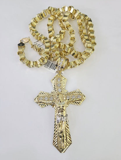 10k Gold Byzantine Necklace Jesus Cross Charm Pendant 20"-30" 8mm REAL SET Chain