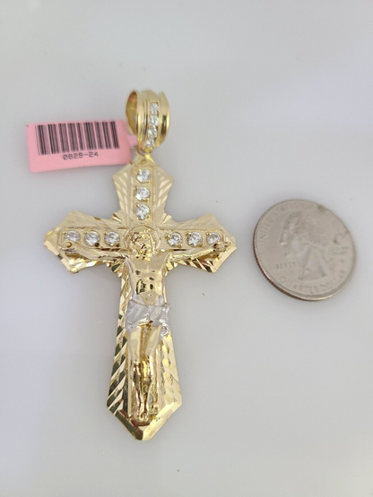Real 14k Solid Chain Cross Charm Set Miami Cuban Link 6mm Necklace Pendant Gold