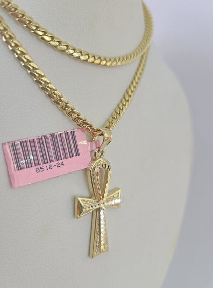Real 14k Solid Chain Cross Charm Set Miami Cuban Link 3mm Necklace Pendant Gold
