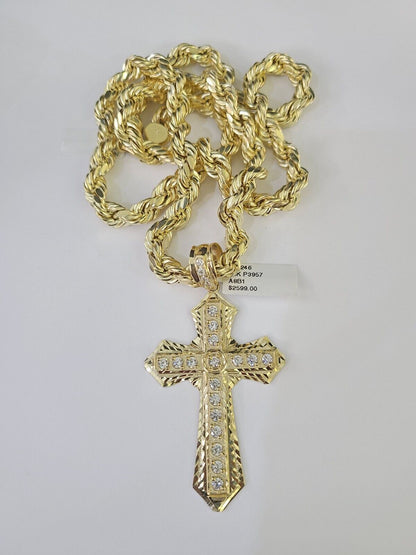 Men's 10K Yellow Gold Jesus Cross Necklace 8mm Rope Chain 20–30 Inch Religious Gift Jewelry