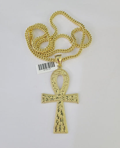 10K gold Franco chain necklace with Jesus Ankh cross pendant charm by Reva Jeweler