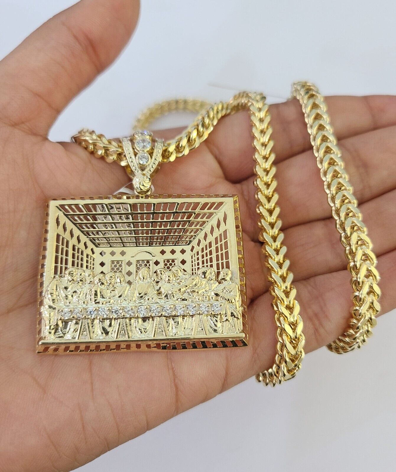 Real 10K Gold Franco Chain Last Supper Pendant Charm Necklace 20"-26" 5mm Gold SET