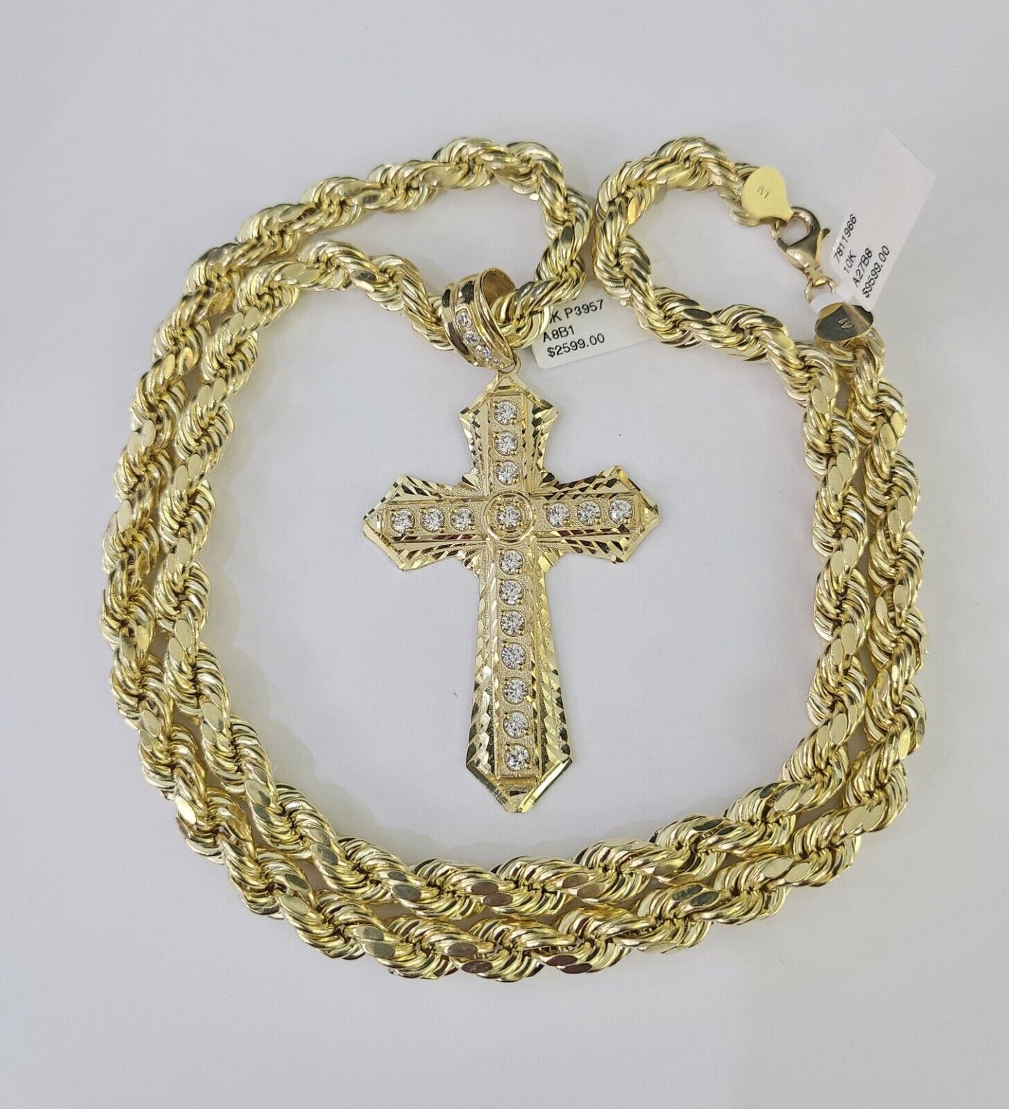 Men's 10K Yellow Gold Jesus Cross Necklace 8mm Rope Chain 20–30 Inch Religious Gift Jewelry