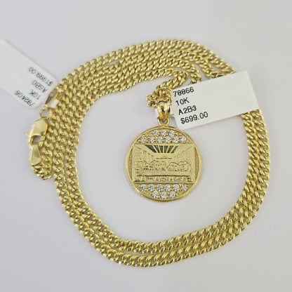 10K Gold Miami Cuban Chain Last Supper Charm 18"-28" 3mm Pendant Necklace SET