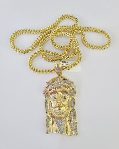 10K Franco Chain Diamond Jesus Head Pendant Charm Necklace 20"-28" 4mm Gold SET