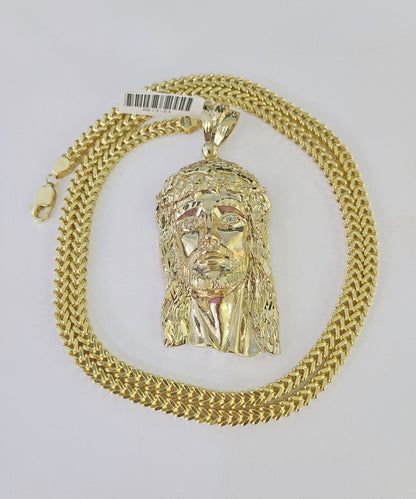 10K Franco Chain Jesus Head Pendant Charm Necklace 20"-28" 4mm Gold Yellow SET