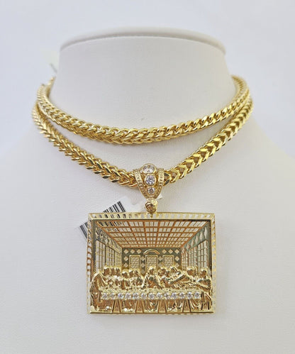 Real 10K Gold Franco Chain Last Supper Pendant Charm Necklace 20"-26" 5mm Gold SET