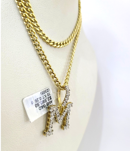 10K Gold Miami Cuban Chain M Diamond Initial 18"-24" 2mm Pendant Necklace SET