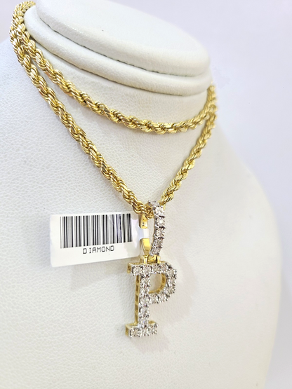 10k Rope Chain P Diamond Initial Charm Necklace Pendant Set 2mm 18"-24" Gold