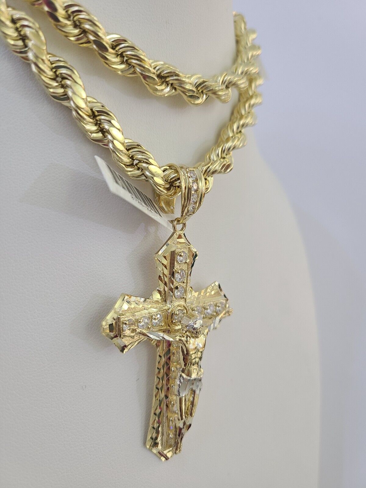 Real 10K Yellow Gold Jesus Cross Pendant with 8mm Rope Chain 20–30" Men's Religious Necklace