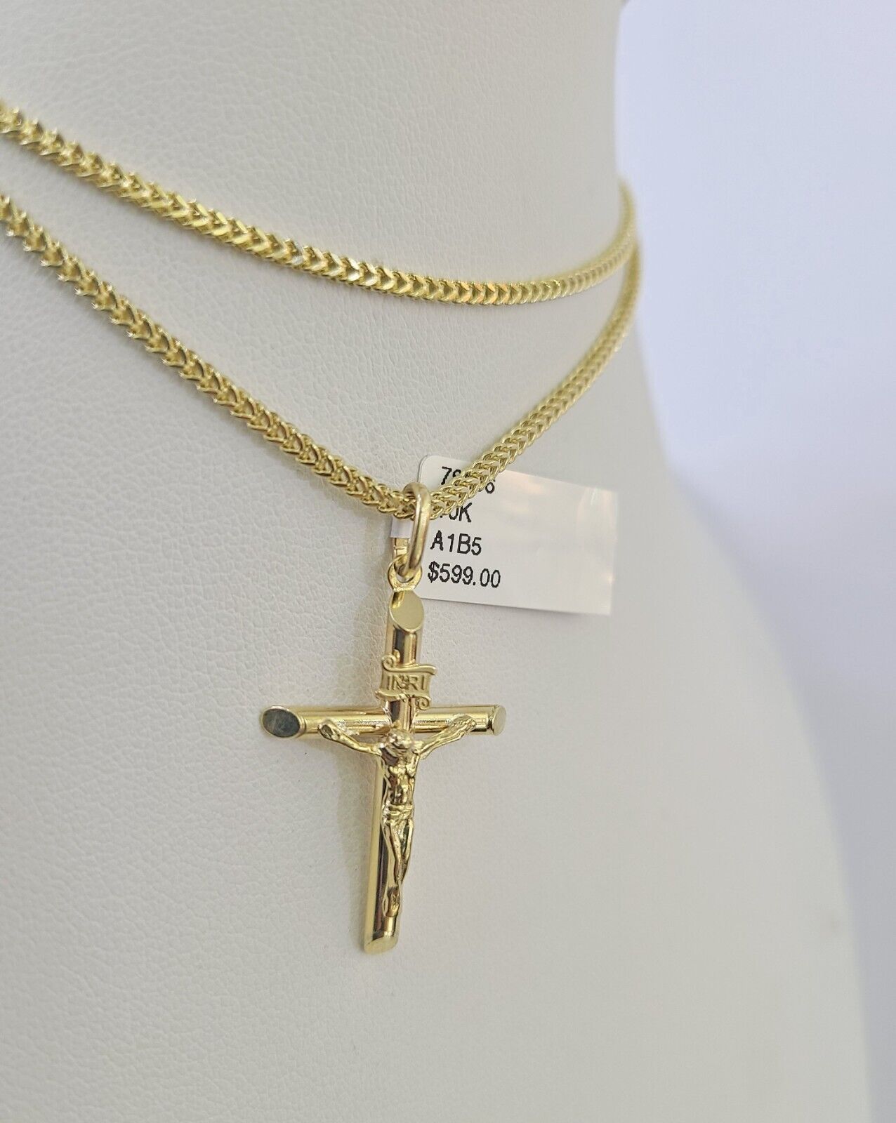 Luxury 10K gold Franco chain necklace with INRI Jesus cross pendant by Reva Jeweler