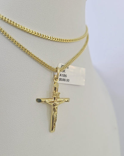 Luxury 10K gold Franco chain necklace with INRI Jesus cross pendant by Reva Jeweler