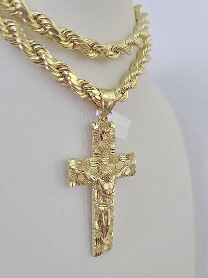 10K Yellow Gold Rope Chain Jesus Cross Pendant Set 8mm Men's Necklace 20–30 Inch Diamond Cut Religious Jewelry