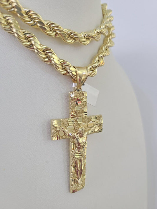 10K Yellow Gold Rope Chain Jesus Cross Pendant Set 8mm Men's Necklace 20–30 Inch Diamond Cut Religious Jewelry