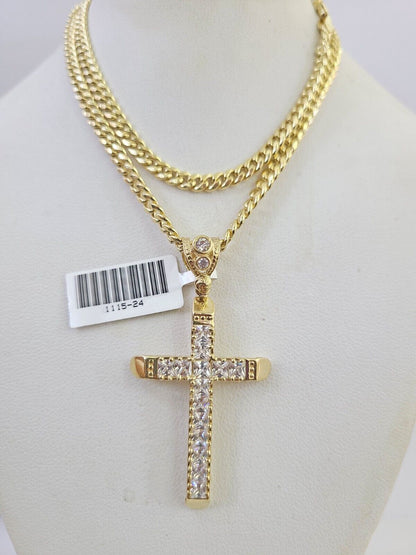 10k Miami Cuban Chain Jesus Cross Charm Set 4mm 18"-28" Necklace Yellow Gold